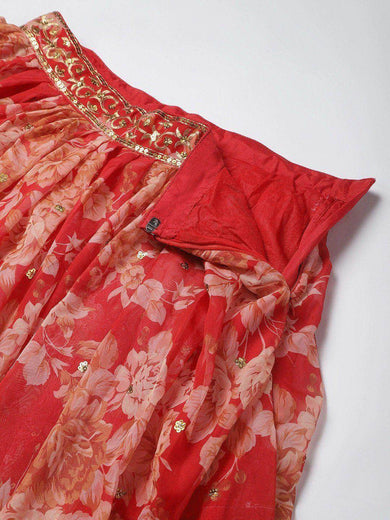 Red & Gold-Toned Embellished Sequinned Semi-Stitched Myntra Lehenga & Unstitched Blouse
